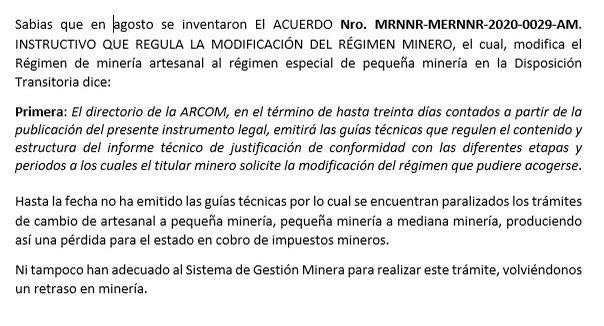 mineriade's tweet photo. Señor ministro, al AM Nro.MERNNR-MERNNR-2020-0029-AM, PRIMERA.- El Directorio de la ARCOM, hasta ahora no emite las guías técnicas que regulen el contenido y estructura del Informe Técnico de justificación, desde Agosto 2020 @RecNaturalesEC @MineriaConResp @camaramineria https://t.co/807DRW5oYI