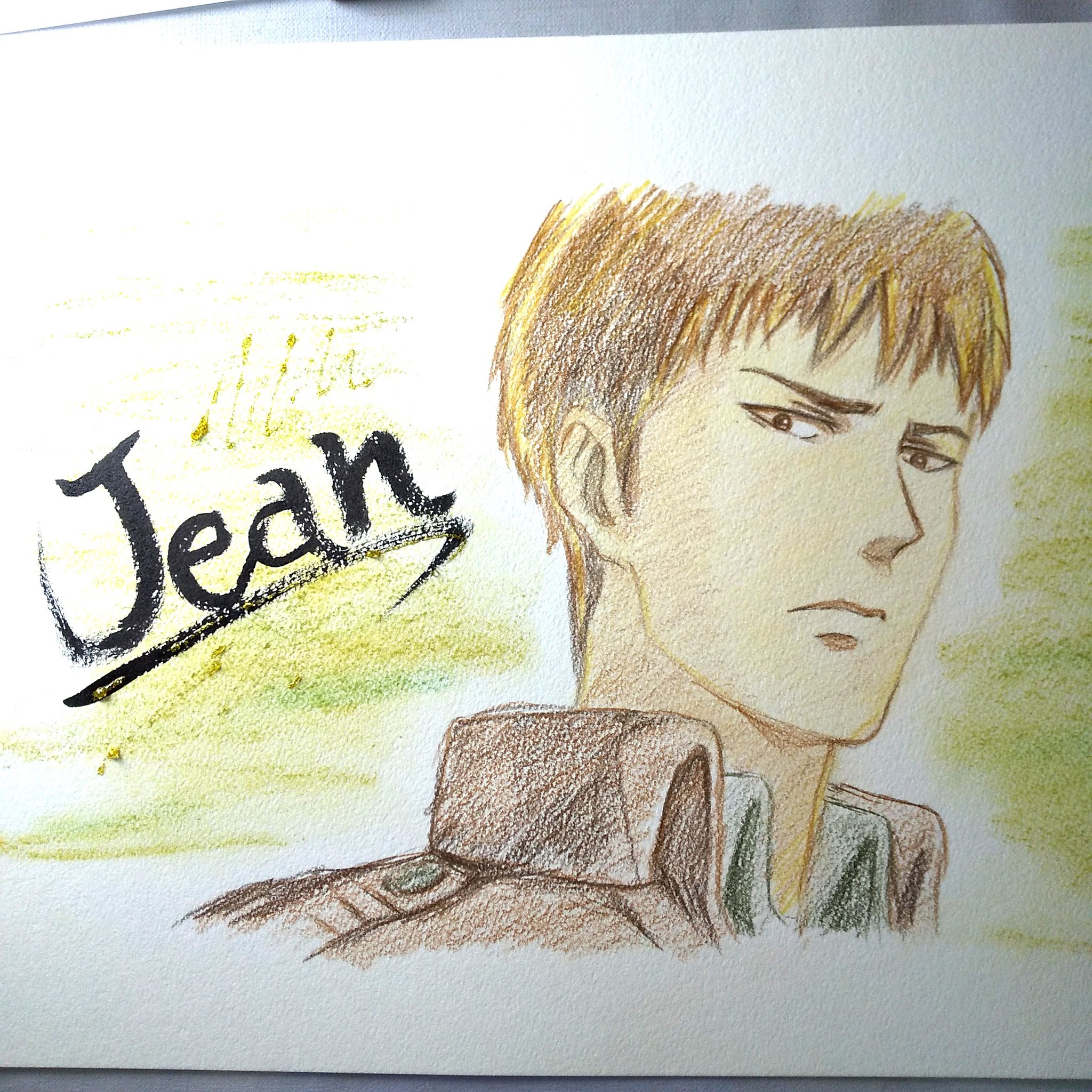 あっちゃ 進撃の巨人のジャンを描いてみる 娘がファン 私はよく知らないけど ジャンの名前を筆ペンで英語で書いてみると ジーン ってなる これでジャン 進撃の巨人 参考題材に苦労 ジャン 額に入れて飾るそうです 似顔絵 イラスト