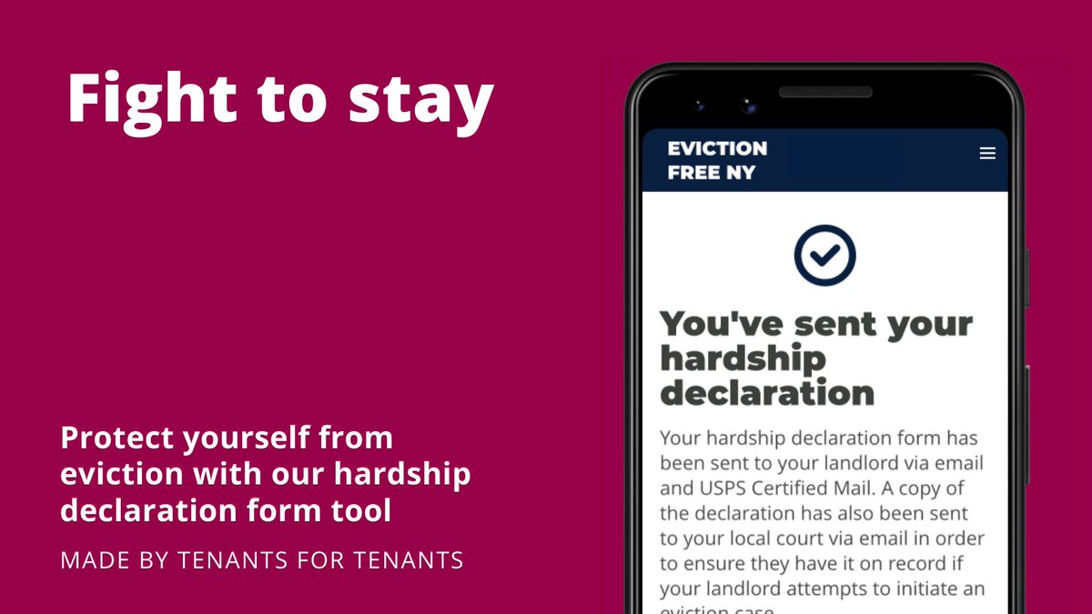 NYC tenants! The <a href="/RTCNYC/">Right to Counsel NYC Coalition #EvictionFreeNY</a> @housing4allNY @JustFixNYC website, EvictionFreeNY.org makes it easy for tenants to submit the hardship declaration form online delaying their evictions until May 1st. #EvictionFreeNY #DeclareHardship evictionfreeny.org/en/