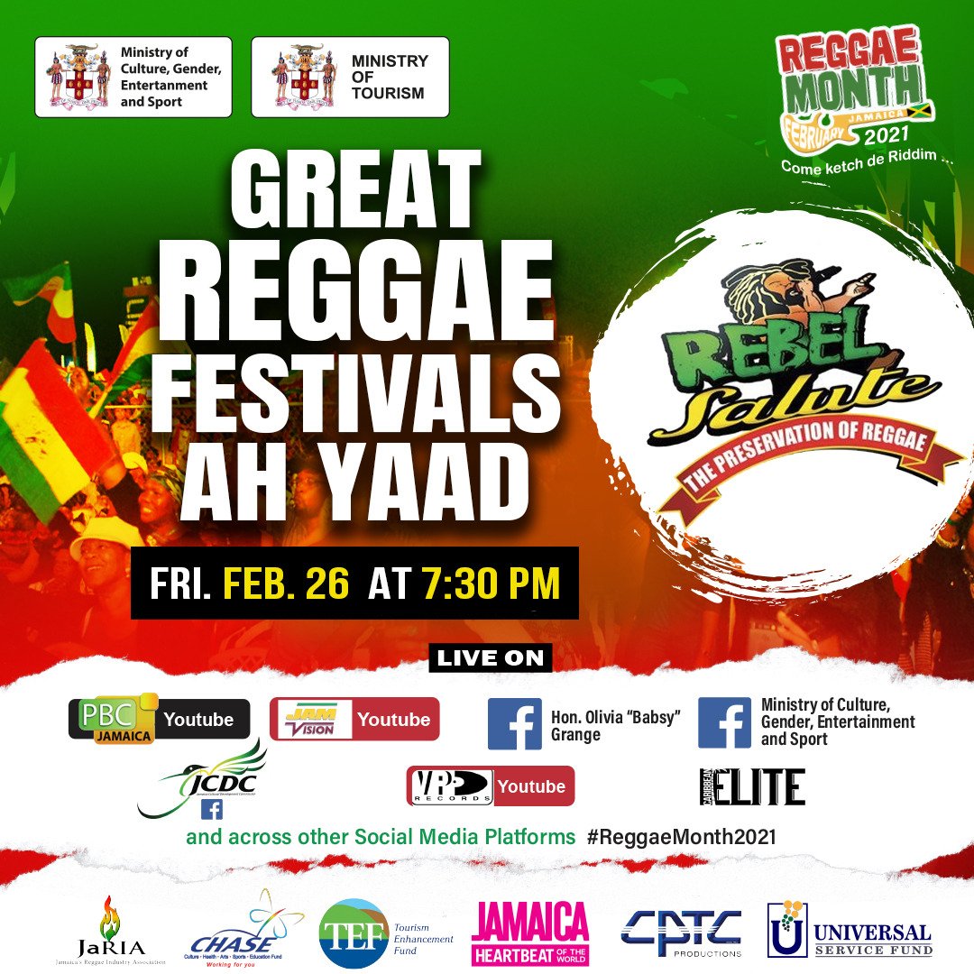 Tonight in 'Great Reggae Festivals Ah Yaad' see 'Rebel Salute'! Don't miss it going LIVE at 7:30pm on social media platforms:
<a href="/Babsy_grange/">Hon. Olivia “Babsy” Grange</a>
<a href="/pbcjamaica/">Public Broadcasting Corporation of Jamaica</a>
@jcdcjamaica
@jamvisiontv
Caribbean Elite Mag
#IAmReggae #ReggaeMonth2021💥 #ComeKetchDeRiddim #ReggaeMonthTV