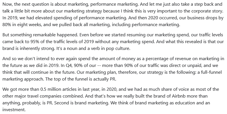 randfish's tweet photo. "2020 our business drops by 80%, and we pulled back all marketing... but, traffic levels came back to 95% of 2019 without any marketing spend"

AirBnB's @bchesky, shared surprisingly revealing info on the company's marketing today (for a public CEO).

Via https://t.co/ATdFwSeOsE https://t.co/NoV3D7KrDt