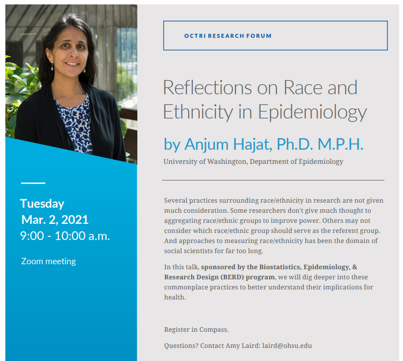 amyzlaird's tweet photo. OCTRI BERD is sponsoring our first guest speaker seminar in the Anti-racism in Data and Analysis series next week! Anjum Hajat, PhD MPH, will discuss problematic but common issues in handling race/ethnicity data. Join us! #SocialJustice #ResistanceIsPublicHealth https://t.co/27nyj440Ve