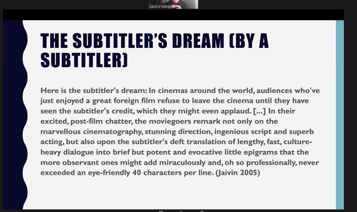 aSusanaLoureiro's tweet photo. Attended #tradac's event today. So many interesting presentations from some of #AVT's best scholars. As a subtitler, this slide from @carol_osullivan's presentation on translators being credited really spoke to me. Hope this dream comes true one day!π https://t.co/5m9cjDel8g