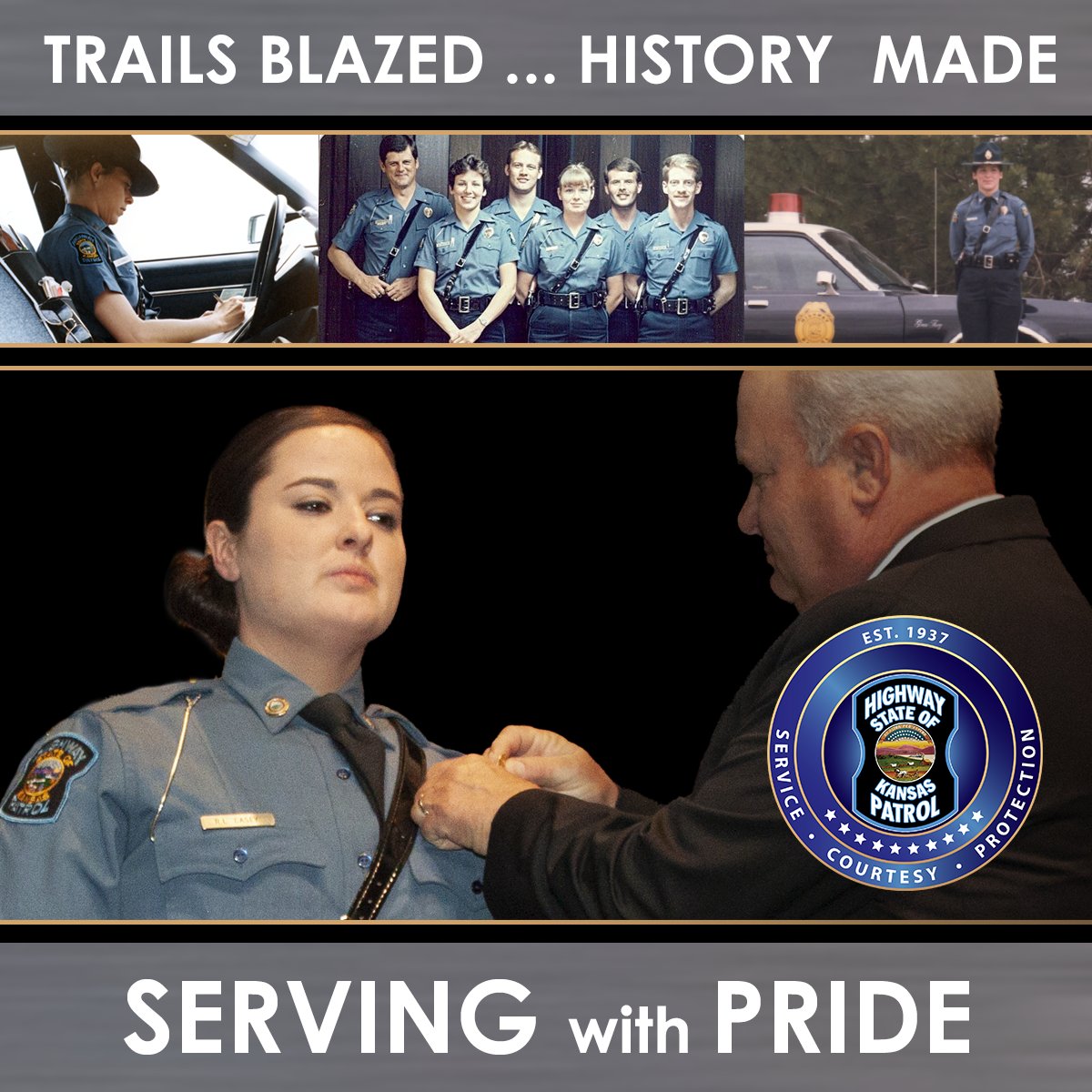 kshighwaypatrol's tweet photo. To the women who broke barriers and paved the way so we can proudly serve today, the women of the Kansas Highway Patrol thank you!

#WomensHistoryMonth
#WomenofKHP
#ServiceCourtesyProtection 
#JoinUs https://t.co/7aIYaeW92K