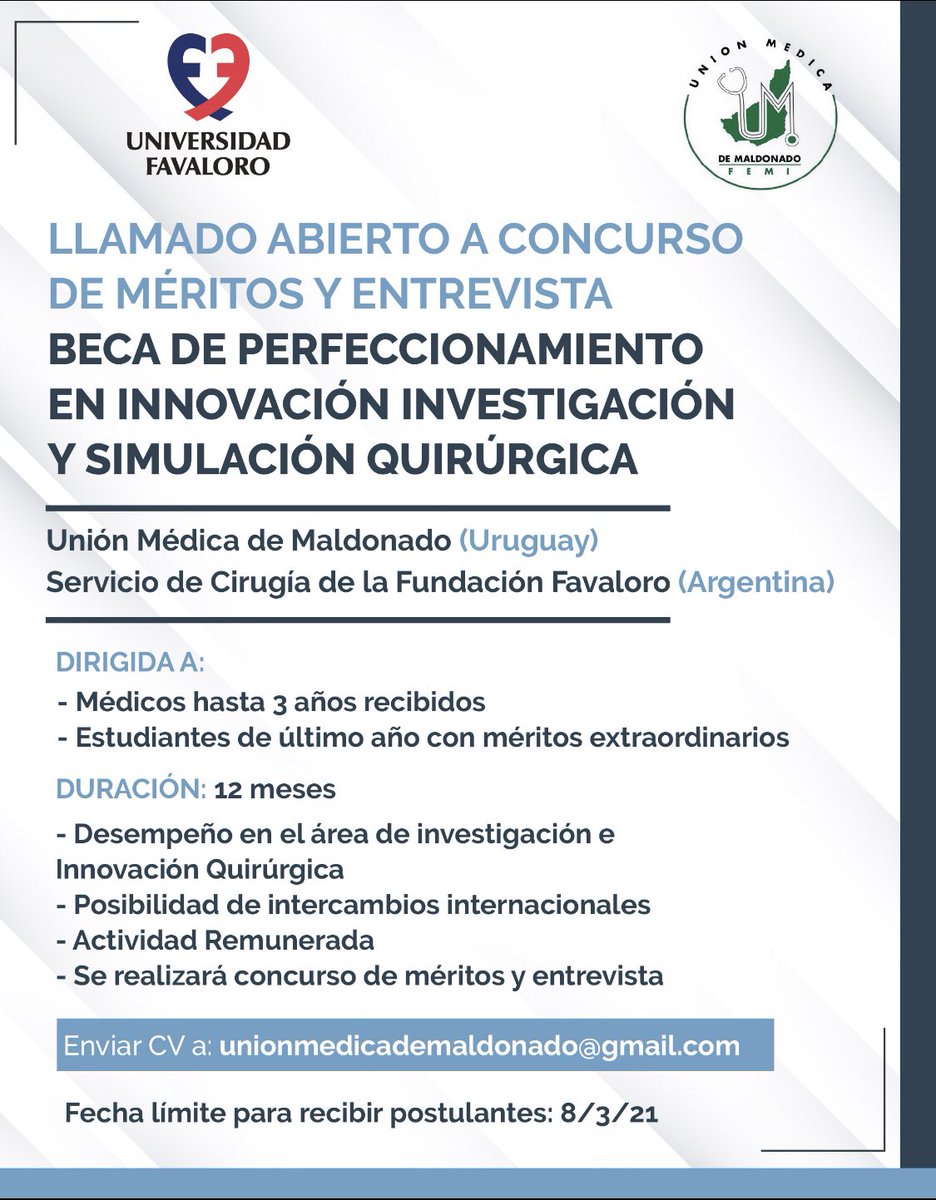 juanmasanguinet's tweet photo. Beca única en su tipo e innovadora en nuestro medio @unifavaloro  @medica_union ! @mviolam @tatotarabochia @fmgenteradio @Fedecasaretto @elingereduardo  generará desarrollo investigación e innovación en colaboración con referentes! @UClaeh @Clinica_TraumaU @ANFAMEDudelar https://t.co/lkxjDQM930