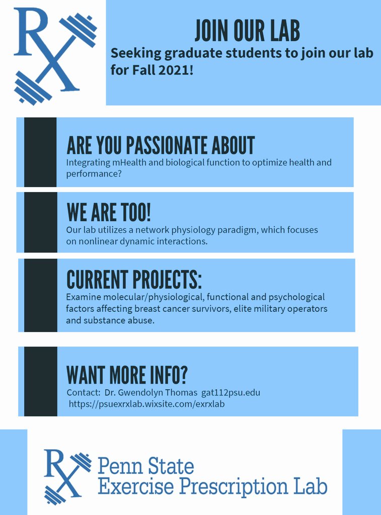 Our lab is recruiting a PhD student to join the Exercise Prescription Lab @PSUExRxLab Fall 2021. Come work with us! DM for more info. https://psuexrxlab.wixsite/exrxlab