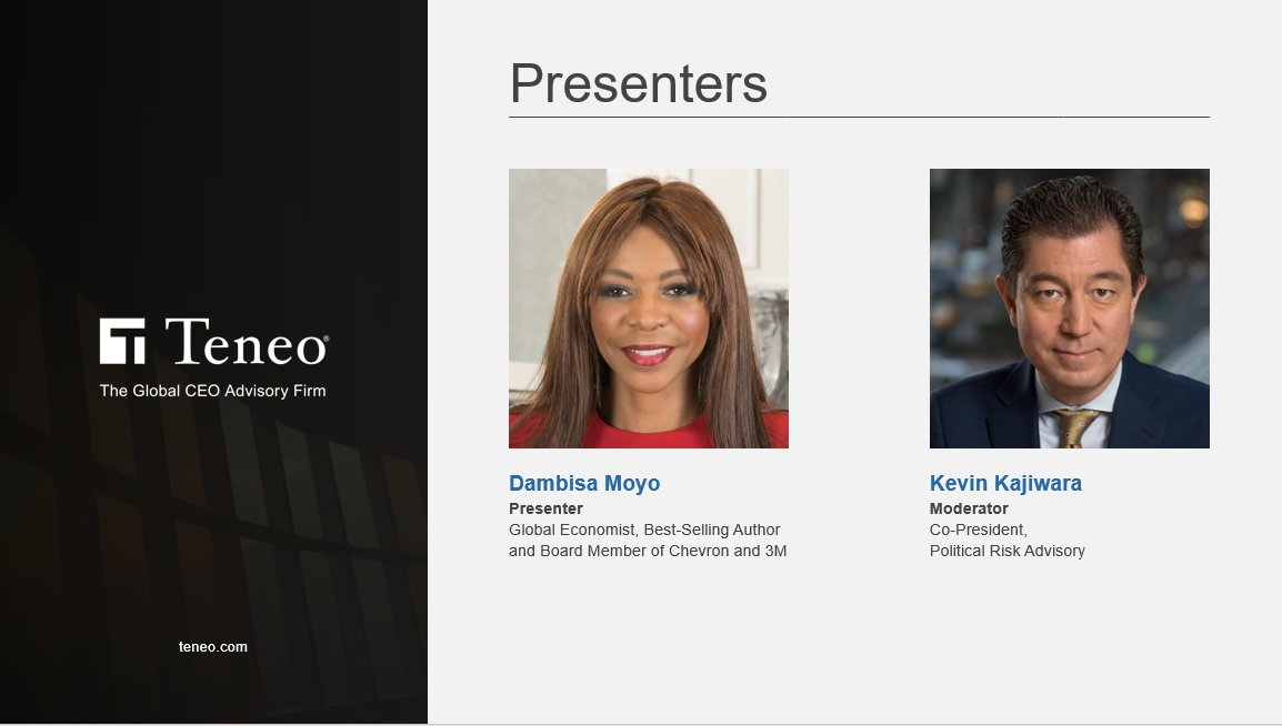 Please join @dambisamoyo, Global Economist, Best-Selling Author, and Board Member of Chevron and 3M, on Thursday, March 4, at 8:30am EST, for an important discussion on economic recovery, public policy and the role of corporate leadership. https://t.co/w6RCqlLeo7 https://t.co/70o0pqUZFK