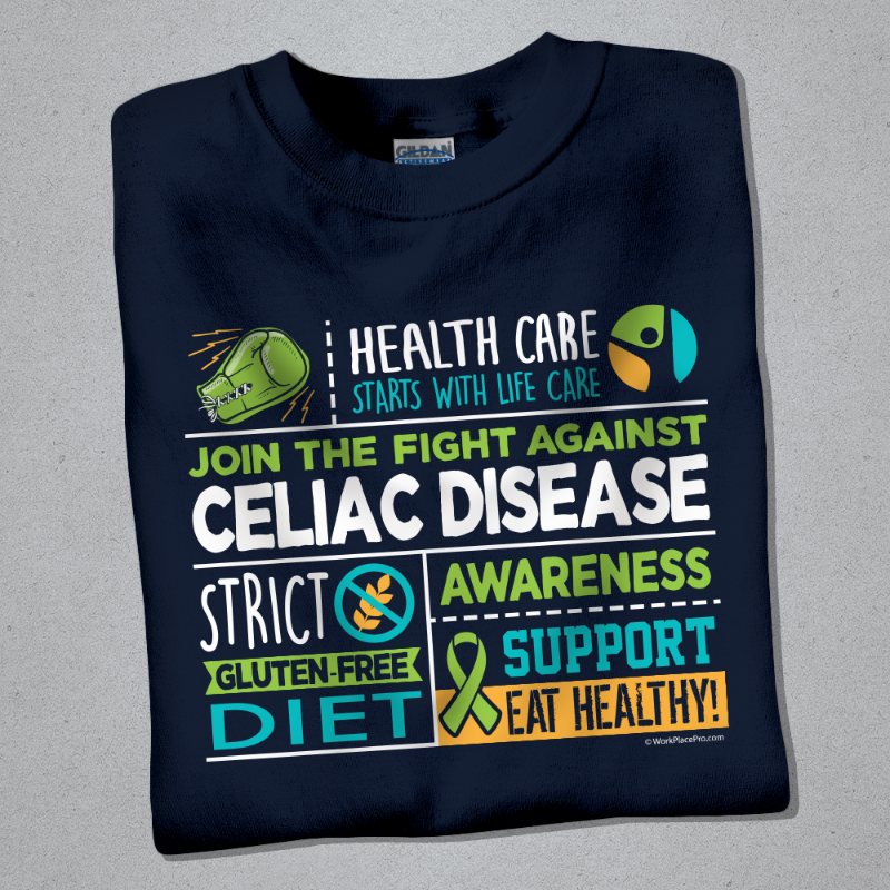WorkPlacePro's tweet photo. How many people do you know that has a gluten intolerance?! May is now National Celiac Disease Awareness Month Order by March 4th. 💚💙.
#celiacdisease #glutenfree #glutenallergy #eathealthy #healthcare #groupshirts #workplacepro #officeshirts https://t.co/ecmHs1ZjSR
