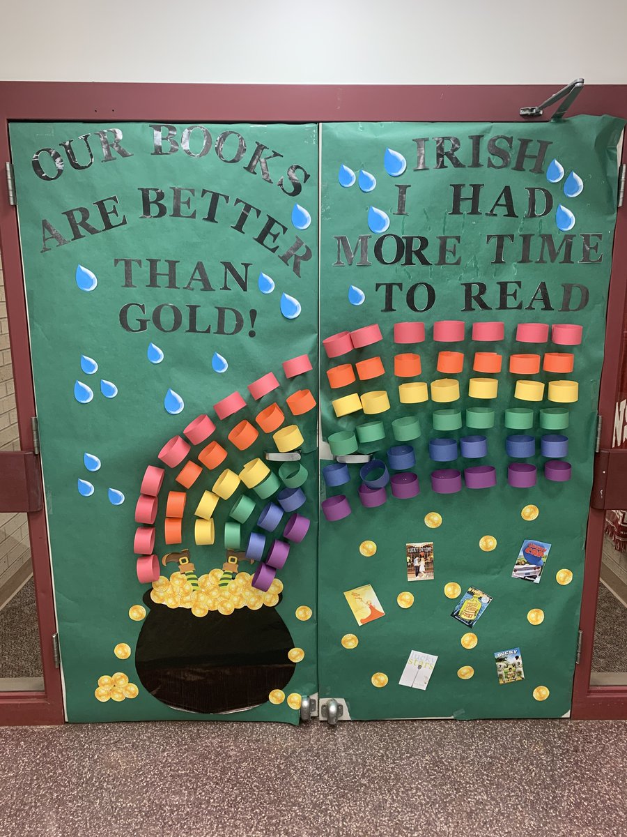 Emily Johnson (@allinlibrarian) on Twitter photo We love decorating our library doors!  🍀☘️📗 We love decorating our library doors!  🍀☘️📗