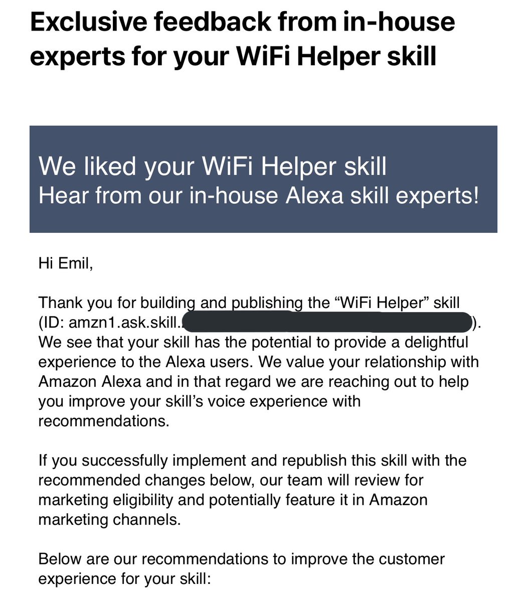 WLANHelfer's tweet photo. A few weeks ago I ask again, why some features are not allowed anymore for my skill, but still available on others (announcing a temporary PIN and presenting the #WiFi credentials als text on the screen, next to the #QR version)

No answer yet, but today this astonishing eMail 🤯 https://t.co/U8RHKHCEpF