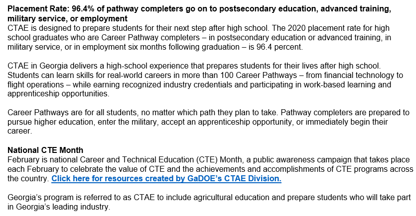 georgesray's tweet photo. An incredible stat--96.4% of #CTAE pathway completers go on to postsecondary education, advanced training, military service, or employment. #CTEMonth #CTAEmatters #CTAEdelivers #CTAEworks https://t.co/CRP6Ul2gMv