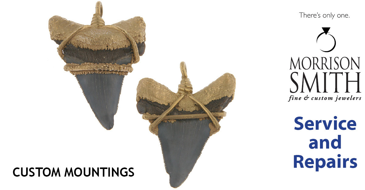 We have customers who have special requests for mountings for odd-shaped items or stones, such as a shark's tooth. We created a custom wire mounting to make this tooth into a pendant as well as added gold accents. Stop by the store today to get a free estimate.