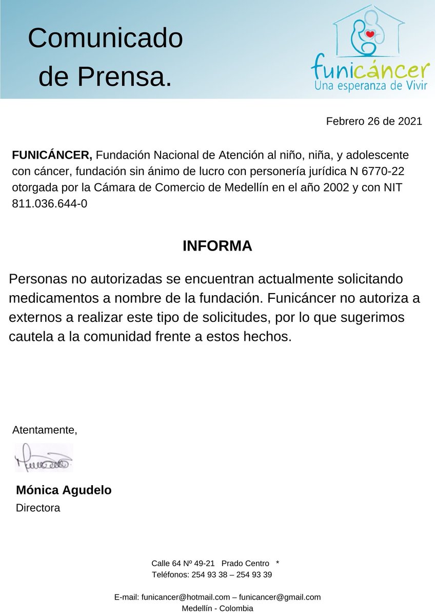 FFunicancer's tweet image. Comunicado de Prensa. 

Se informa cautela a la comunidad frente a estos hechos. 

#funicancer
#funicancerfundacion