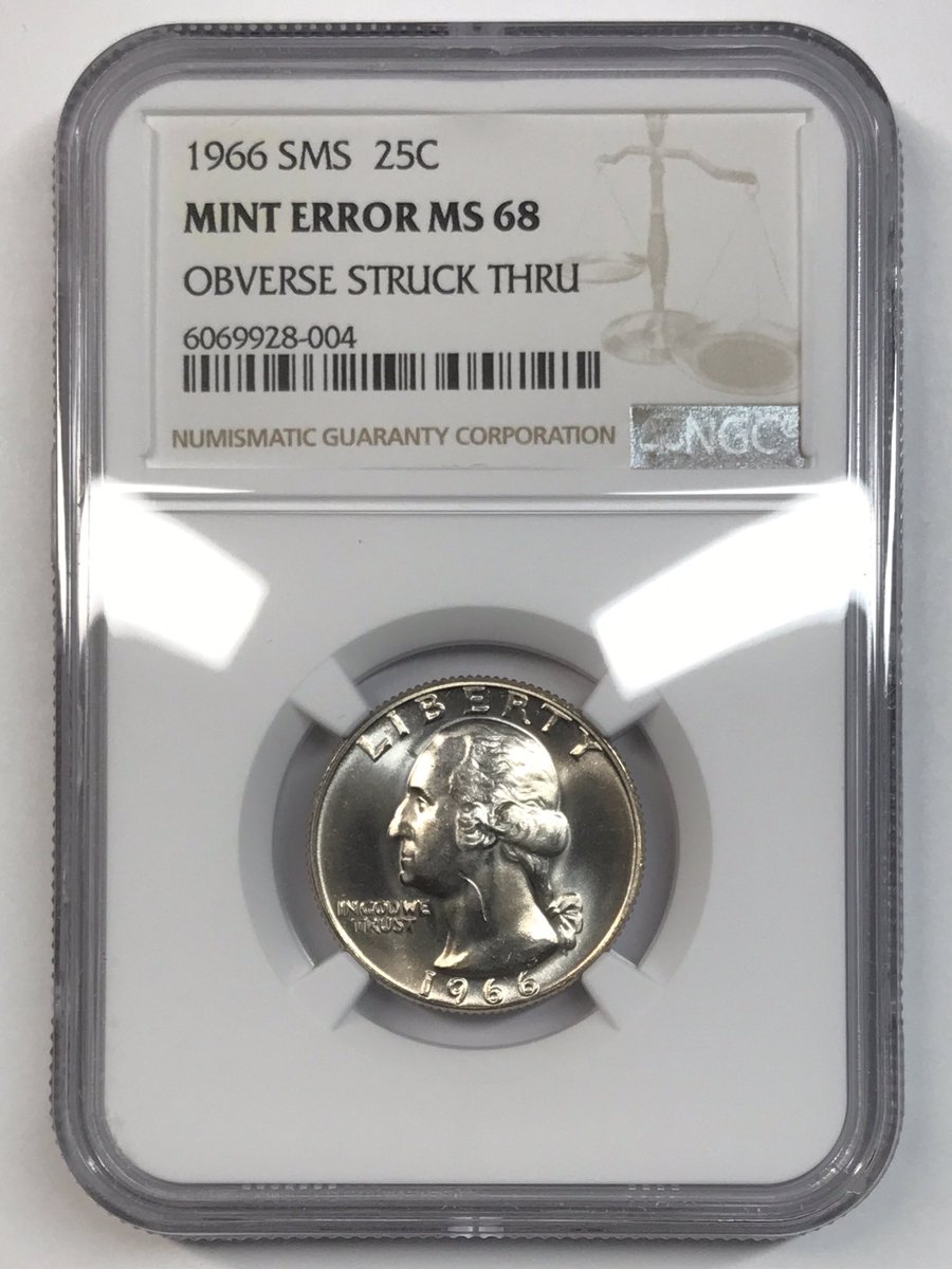 OldPuebloCoin's tweet image. Looks like a wire might have been in the way when this quarter was struck. 

1966 SMS Washington Quarter
NGC MS68
Mint Error Obverse Struck Thru

[ebay auction ends Sunday night]

#coin
#minterror
#struckthru