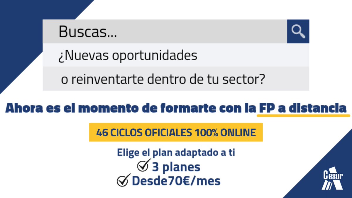 cesurformacion's tweet photo. En Cesur contamos con una amplia oferta de formación a distancia💻 oficial y homologada🔖.

 46 ciclos de FP online para que elijas TU PLAN: 

✔ 3 planes, desde 70€/mes
✔100% online o con sesiones presenciales

¡Haz despegar tu carrera! #HaztePro https://t.co/mWHbvFqTBD https://t.co/xgjFAaHPop