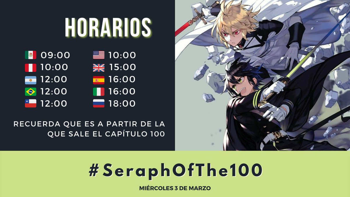 bombmikayuu's tweet photo. [ENG TRANS BELOW]

¡buenas! Por fin tenemos todo listo para anunciar este proyecto que hemos organizado @Hya1Mika, @LordNickmiles, @JAEGERB0Y y yo para conmemorar el hecho de que Owari no Seraph ha alcanzado el capítulo 100, ¡y que consistirá en en hacer trending el capítulo! + https://t.co/QeREbsF3YA