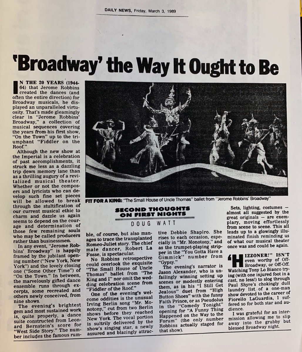 On February 26th, in 1989, Jerome Robbins’ Broadway, directed and choreographed by Jerome Robbins, opened at the Imperial Theatre.