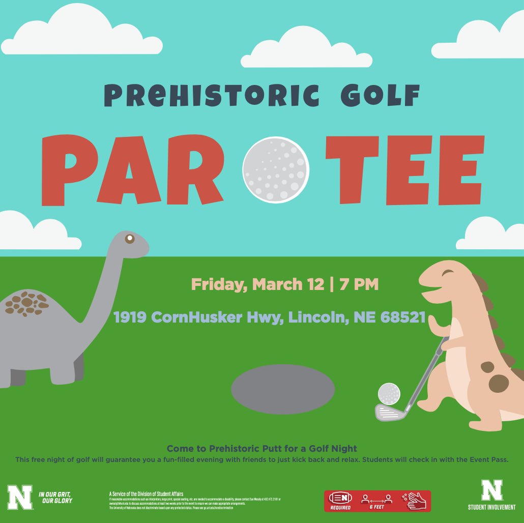 CampusNightLife's tweet photo. IN TWO WEEKS...Come to Prehistoric Putt for a Golf ParTee, located at 1919 Cornhusker Highway. This night will guarantee you a fun-filled evening with friends to just kick back and relax.🏌🏼‍♀️🏌🏽

Free for UNL students with EventPass! https://t.co/5W3EEyIGpp