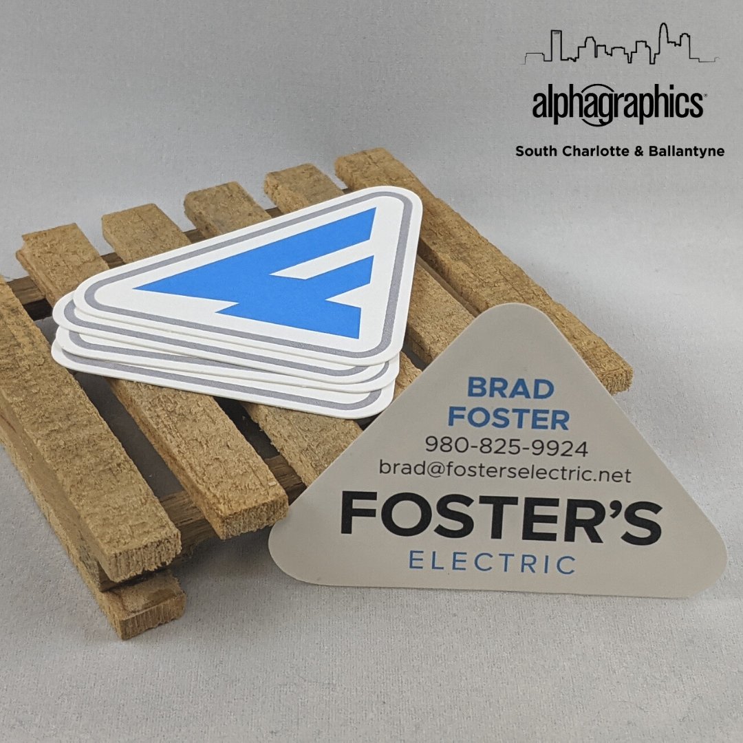 Looking to leave a lasting impression? We offer die-cut business cards in almost ANY shape! Whether you're looking for classic rounded corners, or a triangular-shape like these ones for Foster's Electric - we can make it happen! #Charlotte #CLT #print #businesscards #charlottebiz