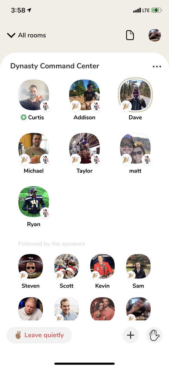 SalLetoFF's tweet image. Flat out better than sports talk radio, popping on @CPatrickNFL doing a live @dynastycommand on Clubhouse talking wide receivers for my Friday commute. Look at the other studs that were in the room. @DaveCabanFF @RyanMc23 @amazehayes_ @RotoViz
