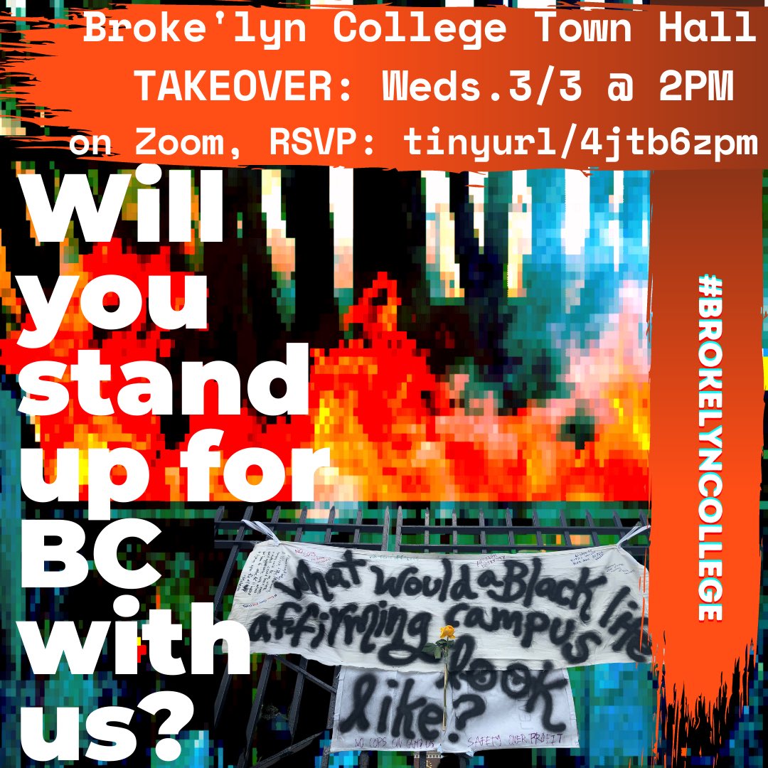 CutCovidNotCUNY's tweet photo. #BrokelynCollege Town Hall THIS WEDS. March 3 @ 2pm on zoom —> more info & RSVP here: https://t.co/e525tQvd81
What questions do you have for the president of Brooklyn College rn?
#cutcovidnotcuny #fundcunynotcops #cunystrikeready #pscstrikeready https://t.co/IjqoXj3rSa