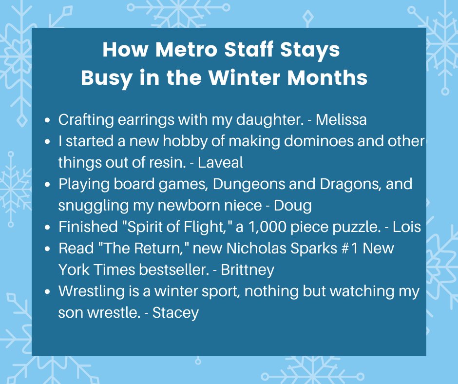 MyMetroCU's tweet photo. Metro staff has been staying busy with a variety of hobbies over the winter months. What do you like to do as a hobby? #YourLocalAdvantage https://t.co/EFtI7ASNOZ