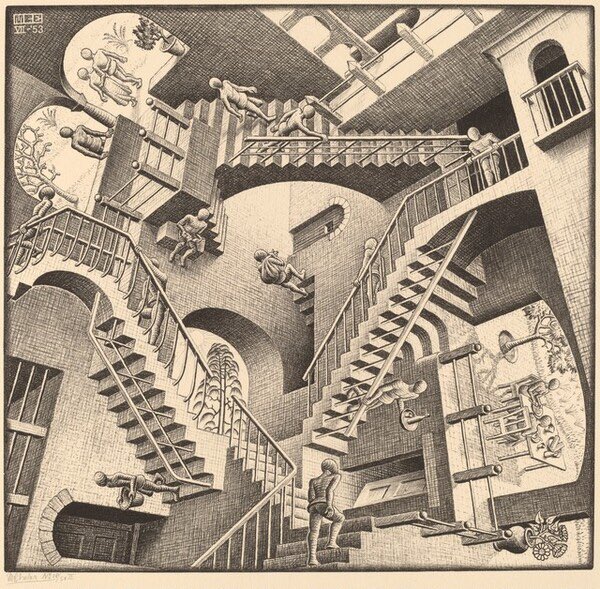 cornerounder's tweet photo. 🖼️ Feeling of the week 🤲
M. C. Escher, Relativity, 1953 - lithograph https://t.co/lszLGjGsbD