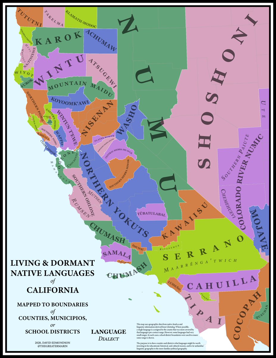 theGreaterMarin's tweet image. Someone posted something about indigenous languages with a terrible map, so I thought I'd re-up my own version.

I have a lot of work to do to integrate reservation languages into this, but I think the overall design language is pretty good, and gets the point across.