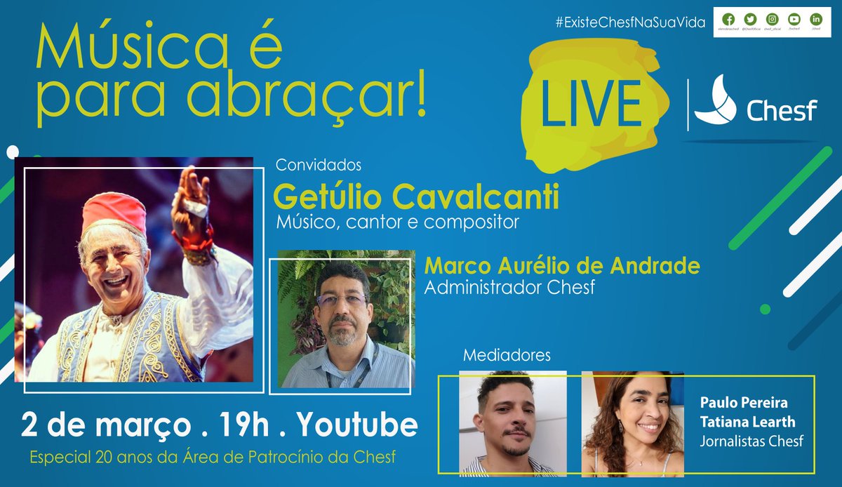 Nesta terça-feira, 02, voltamos com a Live da Chesf. A estreia da nossa segunda temporada traz dois grandes convidados: o administrador chesfiano, Marco Aurélio de Andrade; e o querido cantor, compositor e músico, Getúlio Cavalcanti, autor de canções como "Último Regresso". https://t.co/y64zdMrsjC