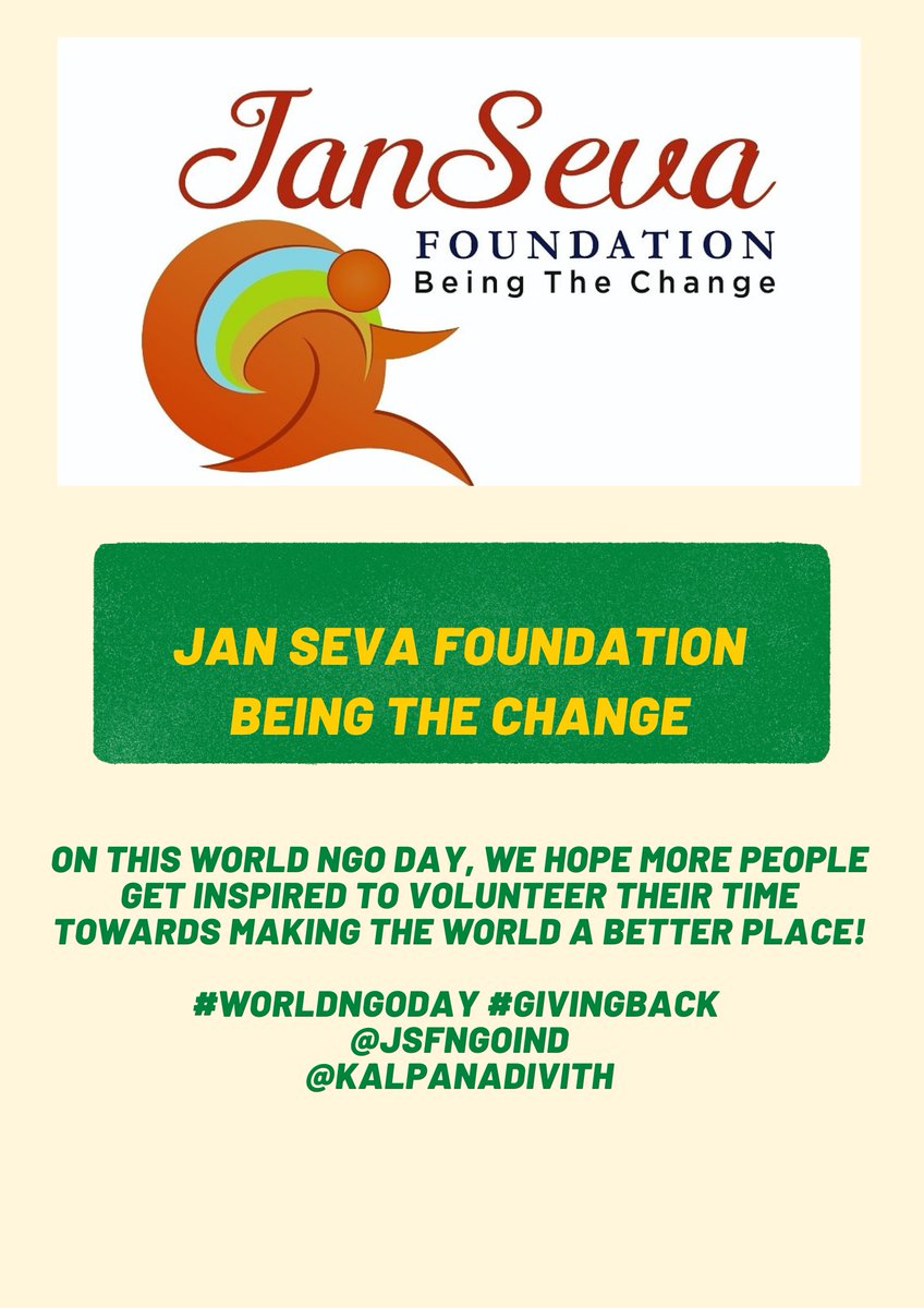 JSFngoInd's tweet photo. On this World NGO day, we hope more people get inspired to volunteer their time towards making the world a better place!

#WorldNGODay #GivingBack 
@lagnnJSF @SocialTablez @DivithTweets @kalpanadivith https://t.co/hcCamLiPnv