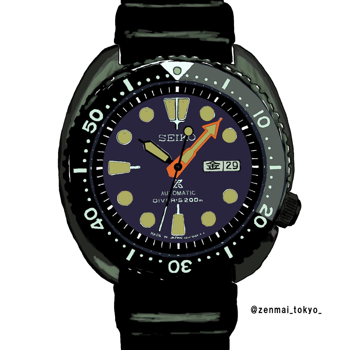 zenmai_zenmai_'s tweet photo. 意外に描くの大変だったな😃
黒いタートルダイバー
.
.
#イラスト #ウォッチイラスト #illustration #watches #watchesillustration #腕時計イラスト
#プロスペックス #プロスペックスダイバー #ダイバースキューバ #sbdy005 #srpc49j1 #seikowatch #seikoprospex #prospex #diverscuba . https://t.co/974Vmt8vZk