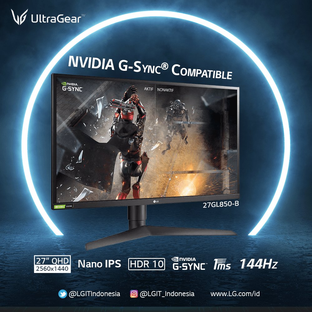 lgeindonesia's tweet photo. Fitur kompatibel NVIDIA G-Sync® Compatible, #LGUltraGearMonitor #27GL850-B menghilangkan gangguan gambar tampak pecah dan meminimalkan efek tersendatnya gambar saat Anda bermain game. Fitur canggih ini dapat meningkatkan peluang Anda untuk menang. https://t.co/ctOkyLq6kA https://t.co/v11mlriuwY