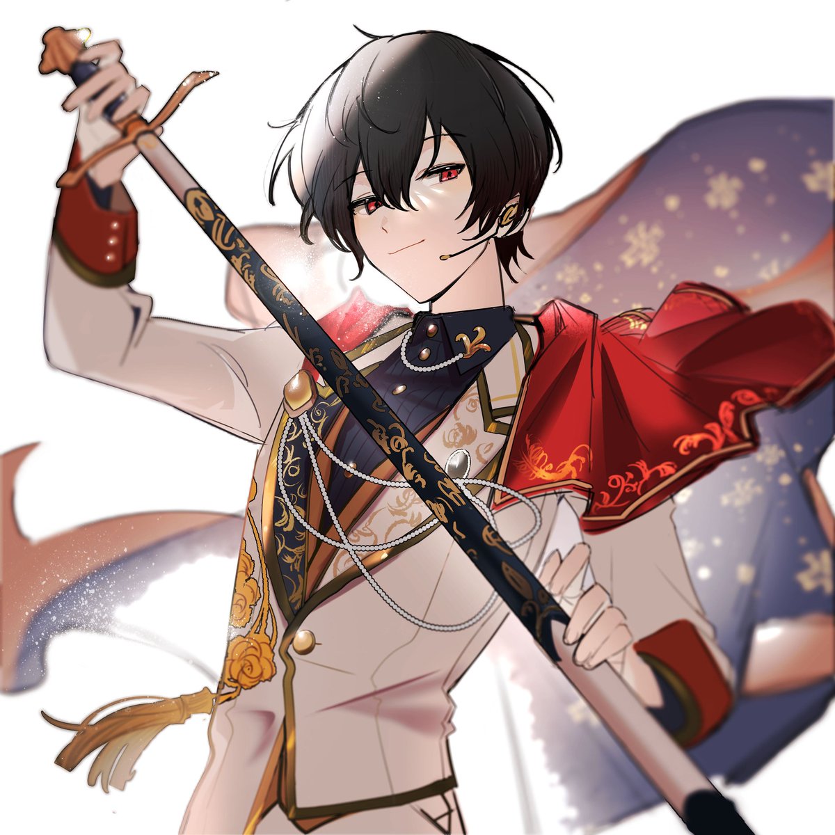 1boy male focus weapon red eyes black hair holding sword  illustration images