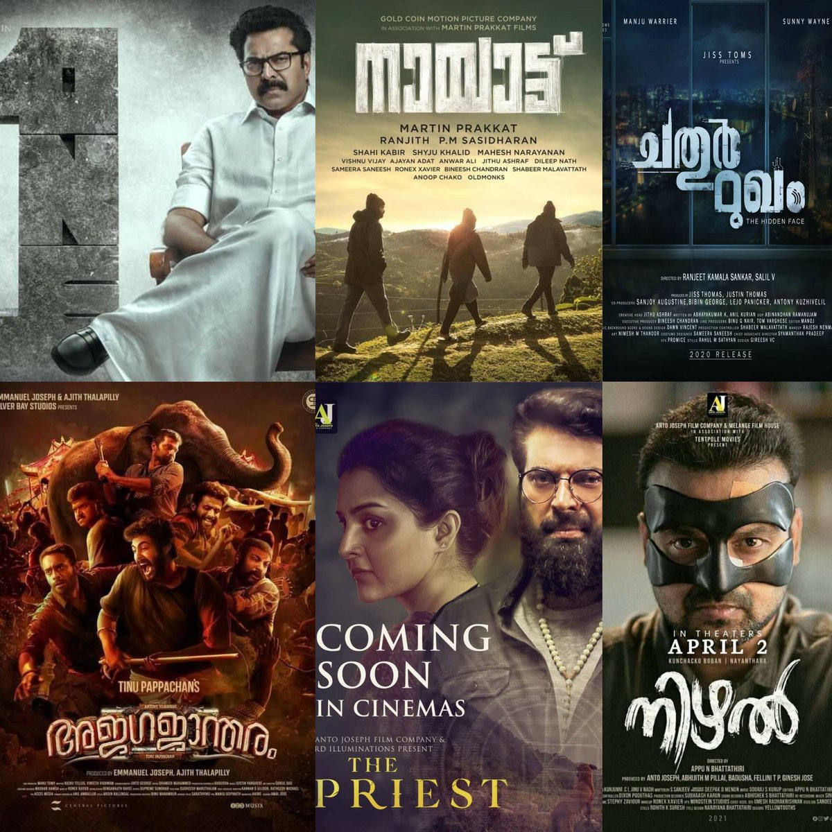 VRFridayMatinee's tweet photo. Looking forward to these upcoming releases !

#ThePriest #Ajagajantharam ##ChathurMukham #Naayattu #OneMovie #Nizhal https://t.co/OidWcoMfv0