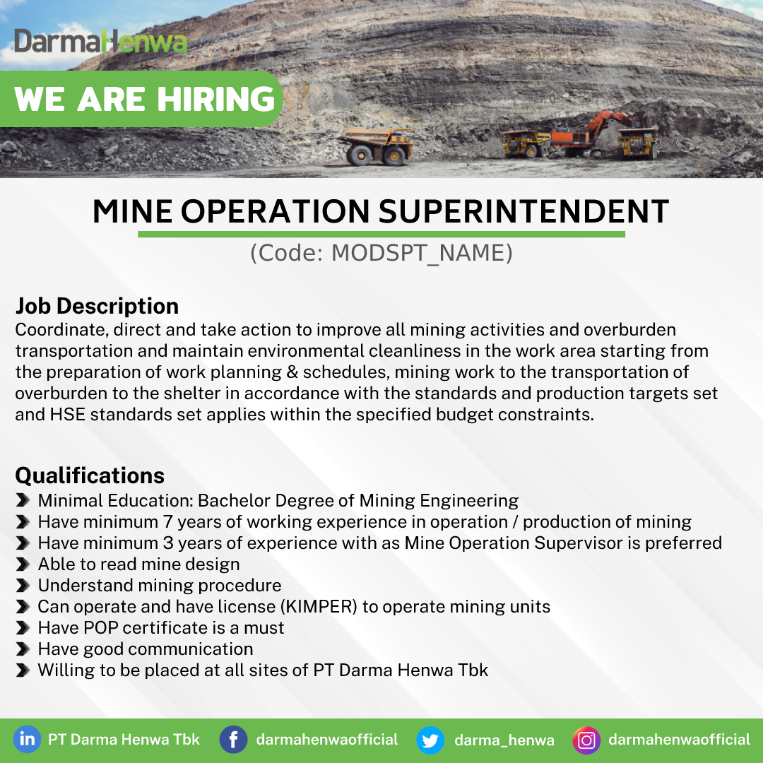 darma_henwa's tweet photo. We are hiring Mine Operation Superintendent!

Please send your CV to : recruitment@ptdh.co.id / Fransisca.Margaretha@ptdh.co.id with the proposed position as subject, before March 15, 2021.

#jobvacancyindonesia #lowonganmining #lowongantambang #loker https://t.co/zYukPAQrRO