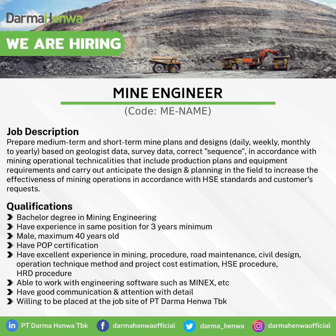 darma_henwa's tweet photo. We are hiring Mine Engineer!

Please send your CV to : recruitment@ptdh.co.id / Fransisca.Margaretha@ptdh.co.id with the proposed position as subject, before March 15, 2021.

#jobvacancyindonesia #lowonganmining #lowongantambang #loker https://t.co/qoRW14dlju