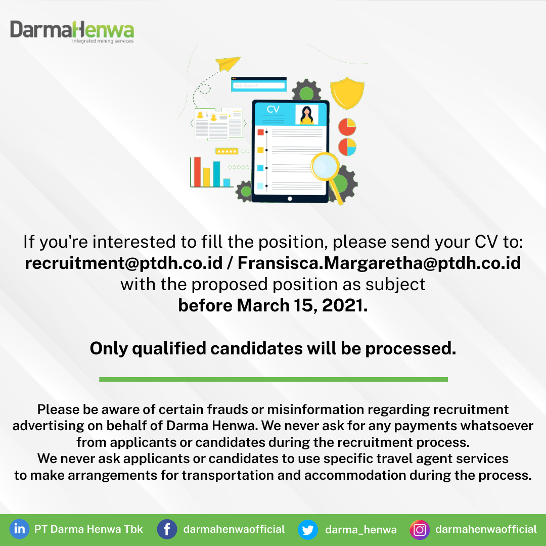darma_henwa's tweet photo. We are hiring Maintenance Trainer!

Please send your CV to : recruitment@ptdh.co.id / Fransisca.Margaretha@ptdh.co.id with the proposed position as subject, before March 15, 2021.

#jobvacancyindonesia #lowonganmining #lowongantambang #loker https://t.co/a2OkcOEEsC