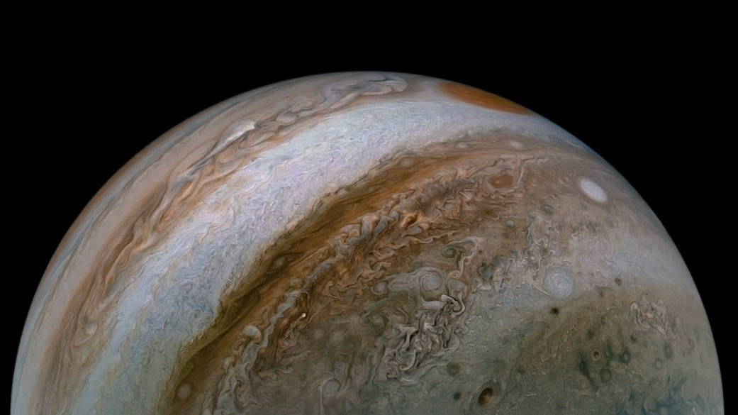 This view of Jupiter’s turbulent atmosphere from NASA’s Juno spacecraft includes several of the planet’s southern jet streams. 

Image data + caption: NASA/JPL-Caltech/SwRI/MSSS
Image processing by Tanya Oleksuik © CC NC SA