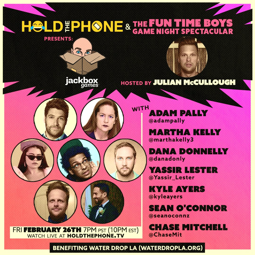 ChaseMit's tweet photo. Wow, this is TONIGHT on https://t.co/aj2Z6o68aO! 7 PM PT/10 PM ET! Look at this fuckin' lineup, will ya? It rules: @adampally @MarthaKelly3 @danadonly @yassir_lester @kyleayers and resident nincompoops @julezmac &amp; @seanoconnz. We're raising money for @WaterDropLA. Watch &amp; DONATE! https://t.co/WeeYFmX4cz