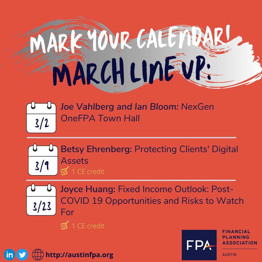 FPAofAustin's tweet photo. Click the links below to register for each event.

3/2 @ 3:00 pm CST webinar 
https://t.co/QFqDqLg5Zv

3/9 @ 12:00 pm CST webinar 
https://t.co/rqfONS2Vhl

3/23 12:00 pm CST webinar 
https://t.co/JuvfiLnZVv https://t.co/vPAjtFA36D