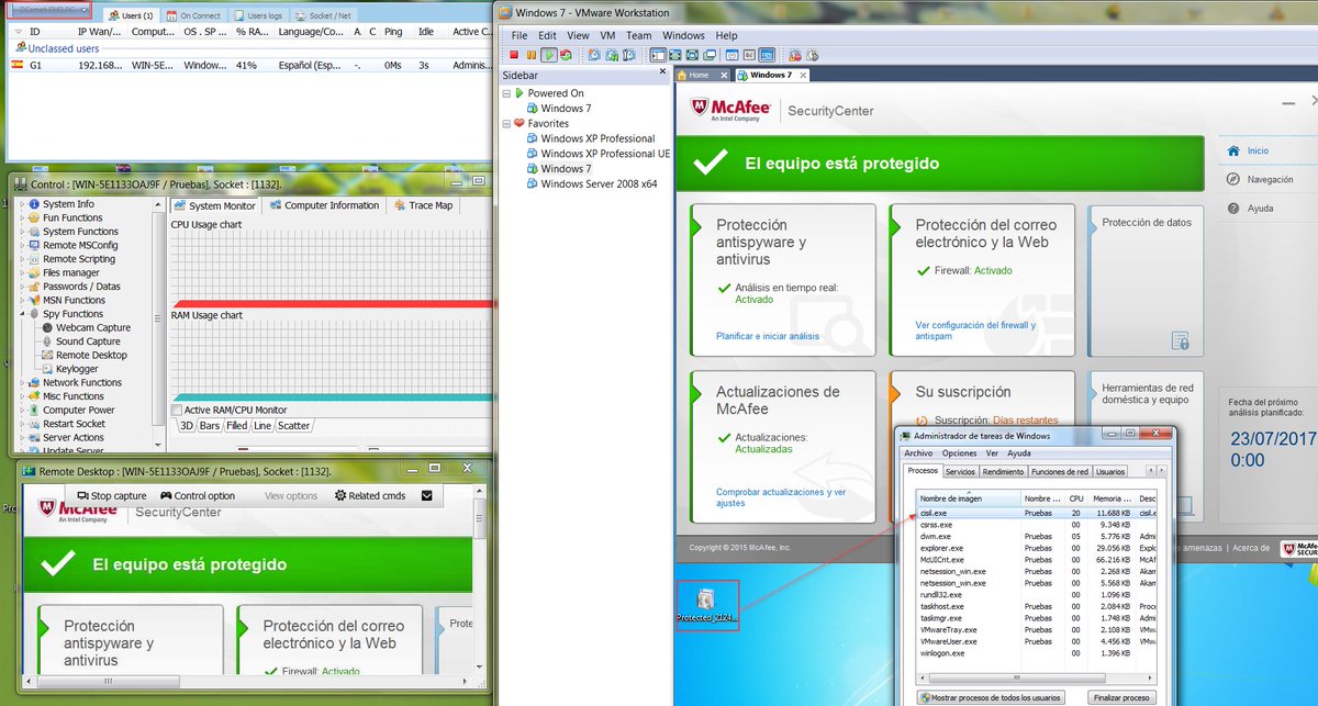 enelpc's tweet photo. Evasión de antivirus #McAfee con demostración de conexión al exterior del troyano #DarkComet modificado mediante #Reversing, #keylogger #remotedesktop... en ejecución e #insanityprotector https://t.co/0Q6jzhxVj0