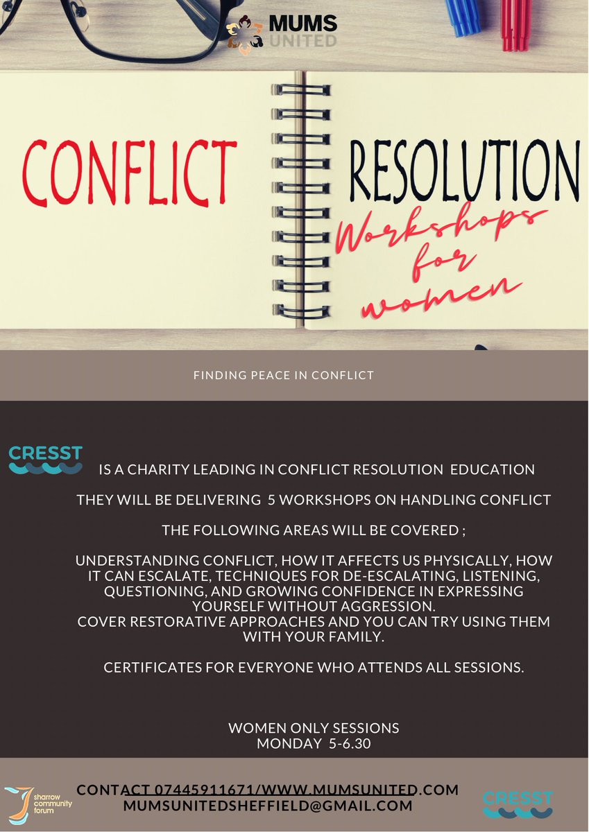 mumsunitedsheff's tweet photo. 3rd workshop as part of our peace in conflict project -free 5week workshops for women on conflict resolution delivered by @_CRESST have a week to get yourself booked in starting MONDAY 8th March 5-6.30 click on link below https://t.co/dhTkHShdXk #peaceinconflict #resilience https://t.co/h2HxmTXWQI