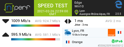 lachape_one's tweet photo. ↓ 1009490 kb/s ↑ 595875 kb/s, ⇄ 1 ms / #Orange #Fibre #FTTH #Livebox5 #IPv6  / #nPerf https://t.co/J8mD25YhqJ