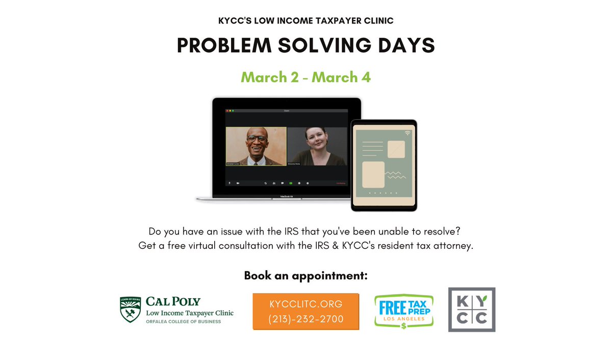 KYCCLA's tweet photo. KYCC's LITC is hosting Problem Solving Days from March 2-4! Have an IRS issue that you're unable to solve? Visit https://t.co/l0ebm0ZGOD or call (213)232-2700 to ensure you're eligible and book an appointment with the IRS &amp; KYCC's tax attorney! 

#taxes #taxseason #taxprep #IRS https://t.co/bcEJ3BuOfa