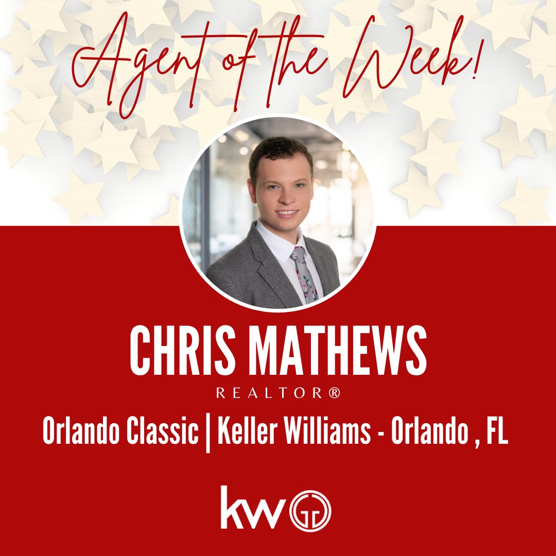 ChristinaGriff1's tweet photo. Congratulations to our Agent of the Week, Chris Mathews!🎉✨ 
Chris is our Orlando Classic KW Culture Ambassador! He strives to help not only his clients but also his colleagues by always having a positive attitude, willingness to help others and the way he embodies team culture. https://t.co/4t4Ze8uXRo