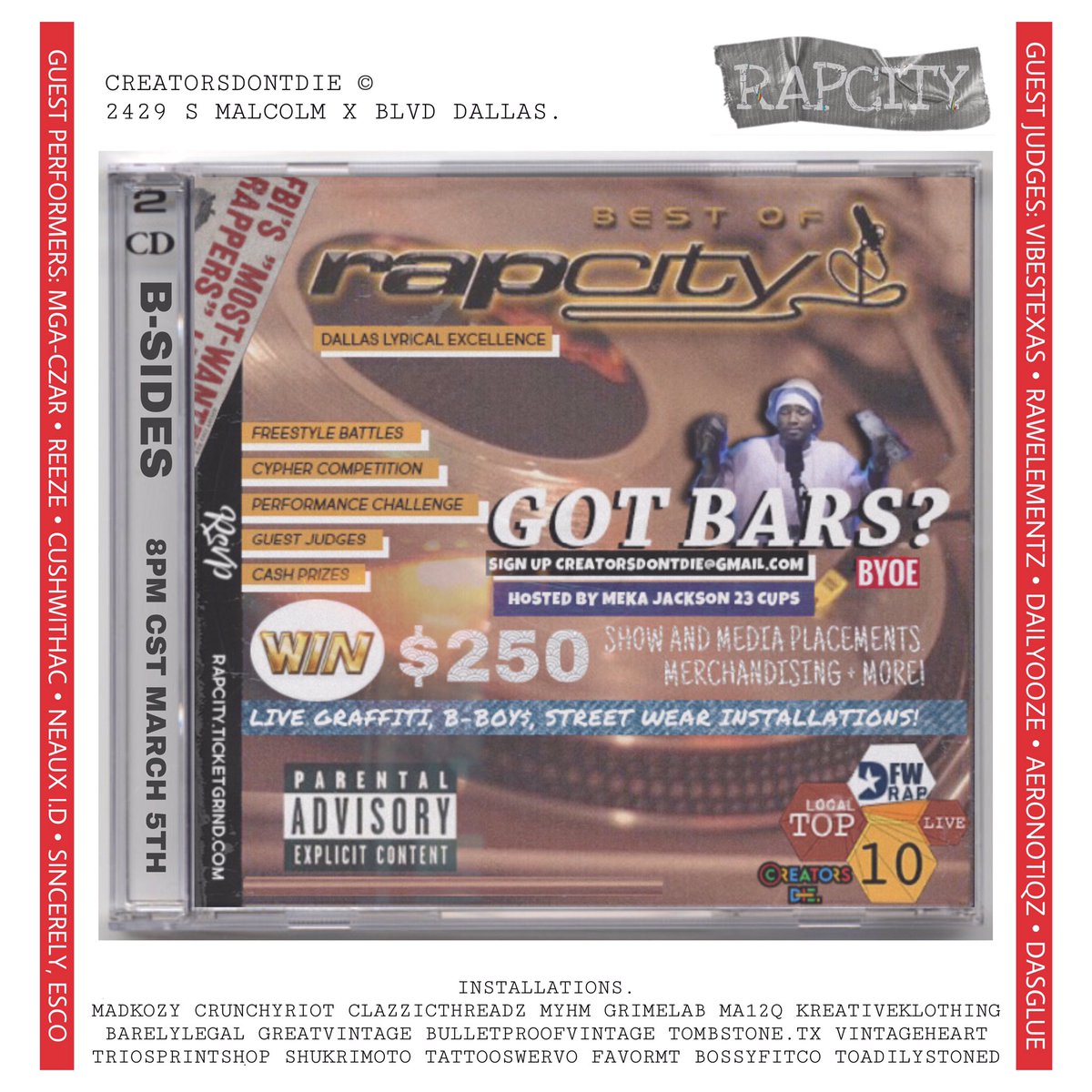 dontfollowmekaa's tweet image. FOR EVERY MC IN THE DFW LOOKING FOR A SHOT🎙🇺🇸

MARCH 5TH WE STARTING A NEW SERIES #RAPCITYDALLAS 

GOT BARS? SIGN UP!
CREATORSDONTDIE@GMAIL.COM

$250 CASH PRIZE$ + MORE

💽FREESTYLE BATTLES
💽PERFORMANCE CHALLENGE
💽B-BOYS
💽GRAFFITI
💽STREET WEAR

RSVP🎟
Rapcity.ticketgrind.com