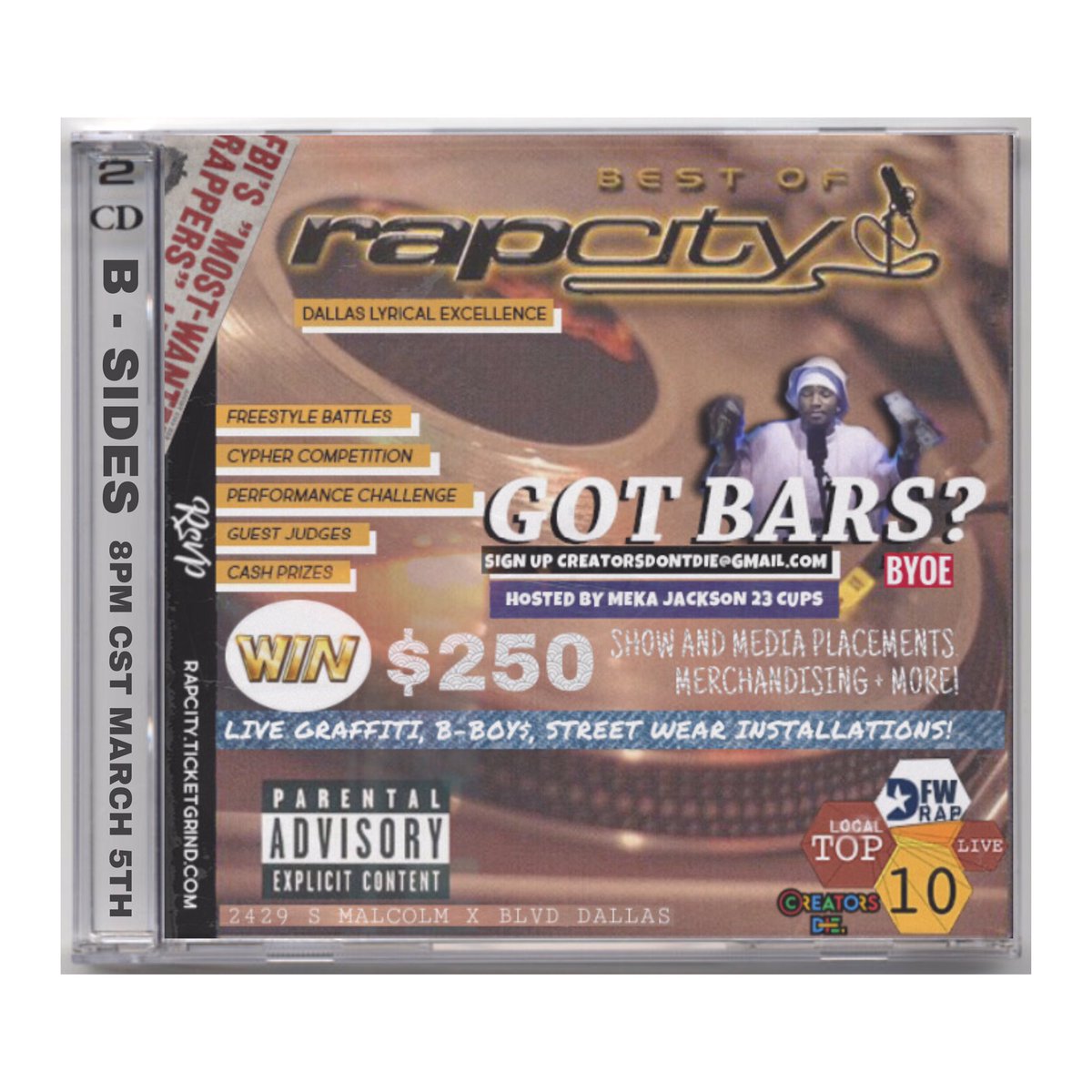 dontfollowmekaa's tweet image. FOR EVERY MC IN THE DFW LOOKING FOR A SHOT🎙🇺🇸

MARCH 5TH WE STARTING A NEW SERIES #RAPCITYDALLAS 

GOT BARS? SIGN UP!
CREATORSDONTDIE@GMAIL.COM

$250 CASH PRIZE$ + MORE

💽FREESTYLE BATTLES
💽PERFORMANCE CHALLENGE
💽B-BOYS
💽GRAFFITI
💽STREET WEAR

RSVP🎟
Rapcity.ticketgrind.com