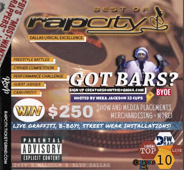 dontfollowmekaa's tweet image. FOR EVERY MC IN THE DFW LOOKING FOR A SHOT🎙🇺🇸

MARCH 5TH WE STARTING A NEW SERIES #RAPCITYDALLAS 

GOT BARS? SIGN UP!
CREATORSDONTDIE@GMAIL.COM

$250 CASH PRIZE$ + MORE

💽FREESTYLE BATTLES
💽PERFORMANCE CHALLENGE
💽B-BOYS
💽GRAFFITI
💽STREET WEAR

RSVP🎟
Rapcity.ticketgrind.com