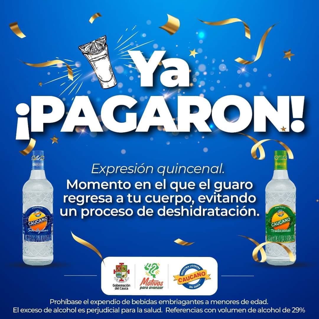 licoreracauca's tweet photo. 😎🤩Hoy tenemos cuatro motivos para ser muy felices:
1️⃣ Es viernes😎
2️⃣ Ya pagaron!💵
3️⃣ Tenemos #AguardienteCaucano #Tradicional y #SinAzúcar🥃
4️⃣ Ya pagaron!💵🤩 https://t.co/mQiLWlJwCu