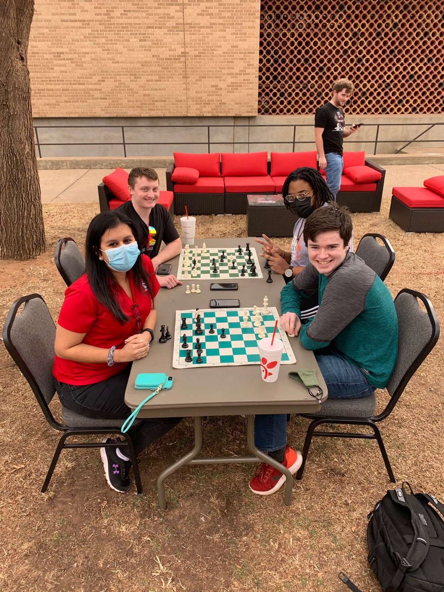 TTU_Chess's tweet photo. TTU has opened a new outdoor space for the students to enjoy. The space includes a giant chess set and a few outdoor games. A few members of the TTU Chess Team took advantage of the opportunity to play chess outside this afternoon. https://t.co/XebnSX0zDr